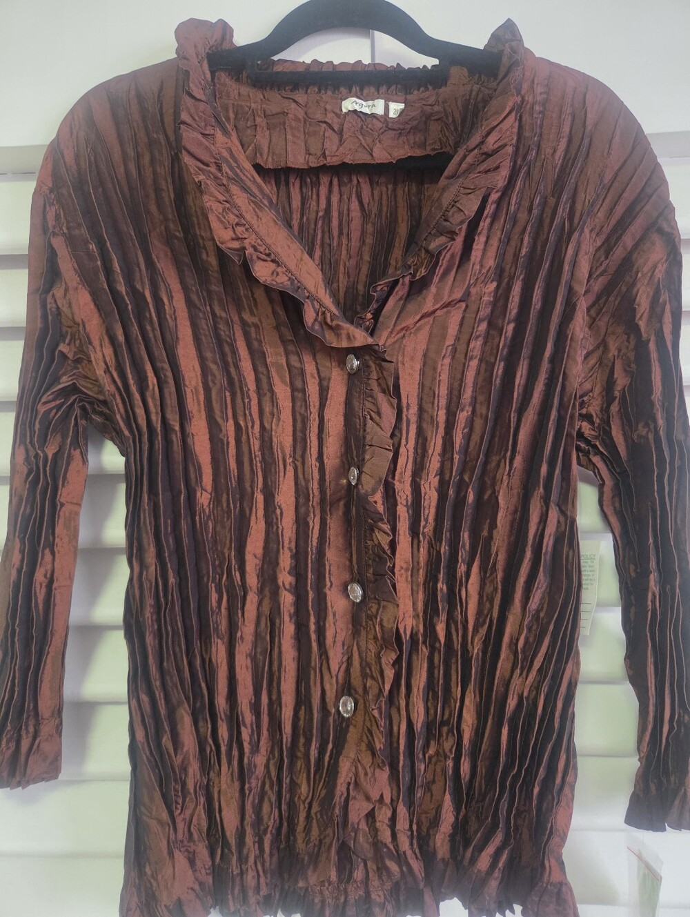 Agora Crinkled Ruffle-Trim Button Front Top - Rust/Burgundy